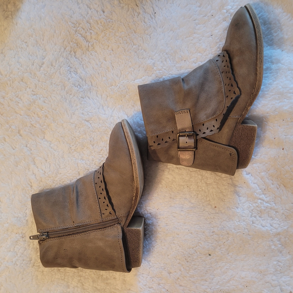 Jellypop Tan Ankle Boots with Stacked Heel and Buckle Strap